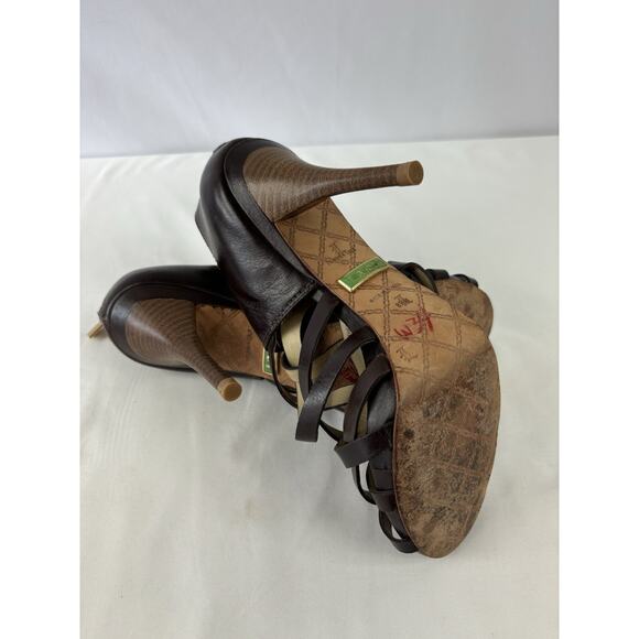 LAMB L.A.M.B Platform Heels Brown Leather 8.5 M Strappy Open Toe Zip - Picture 7 of 10